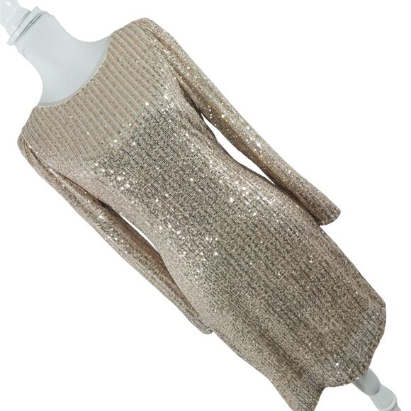 NANETTE LEPORE! GOLDEN MICRO SEQUINNED ALL STRETCH LONG SLEEVE DRESS! SZ 8 - Picture 1 of 10